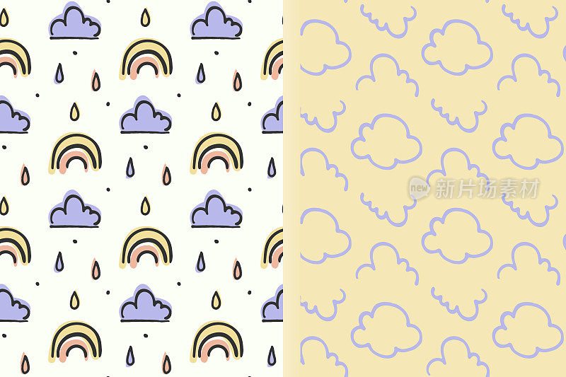 天气幼稚的无缝图案一套2个布局，云彩虹滴形状，手绘墨水图形设计，涂鸦卡通宝宝风格。柔和的粉蓝黄调色板