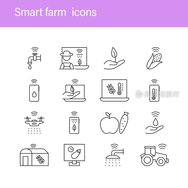 智能农场图标集。矢量可编辑笔画