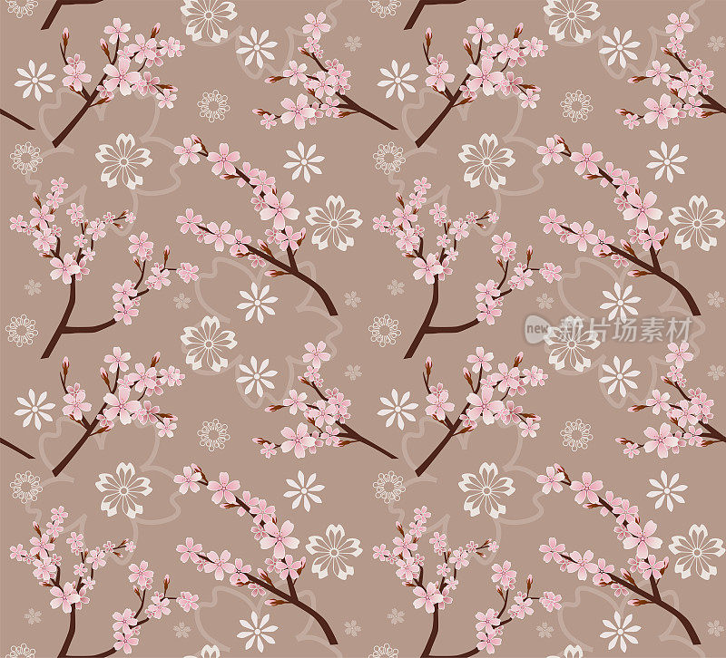 樱花图案，米色背景上的日本樱花纺织设计。