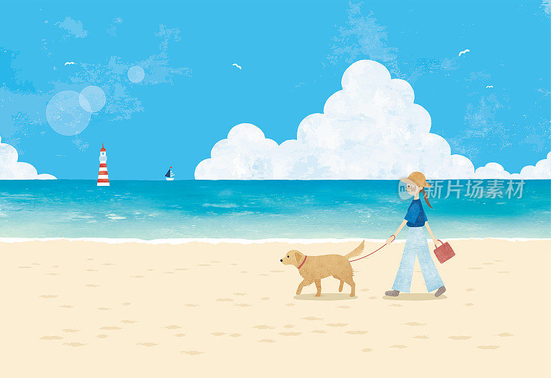 夏日海滩上，女人带着狗散步