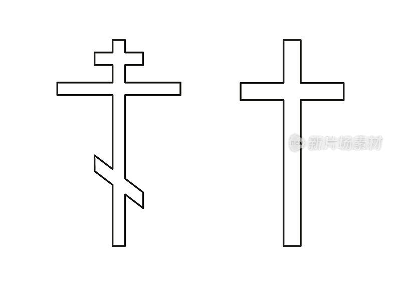 基督教和天主教的十字架，剪影单线画。传统宗教符号。教堂标志跨一行艺术。矢量图