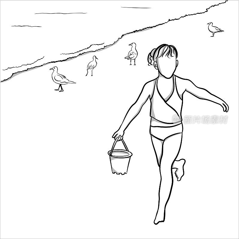 童年夏日海滩女孩素描