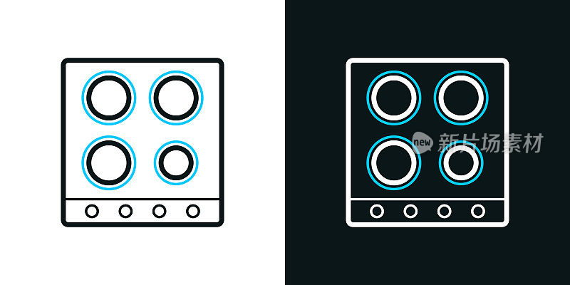 电炉顶部视图。黑色或白色背景上的双色线图标-可编辑的笔画