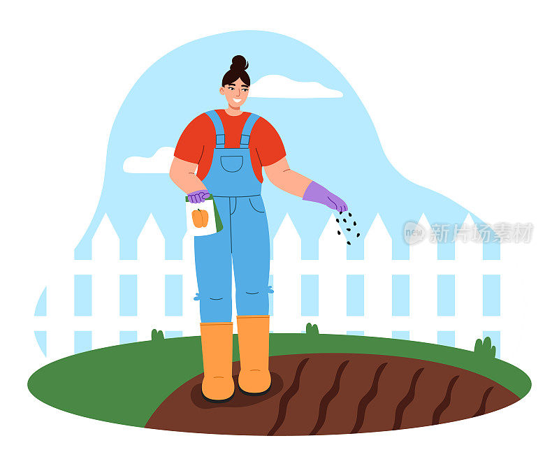 在菜园工作的女园丁。年轻女子正在播种。园林养护理念。平面矢量插图。