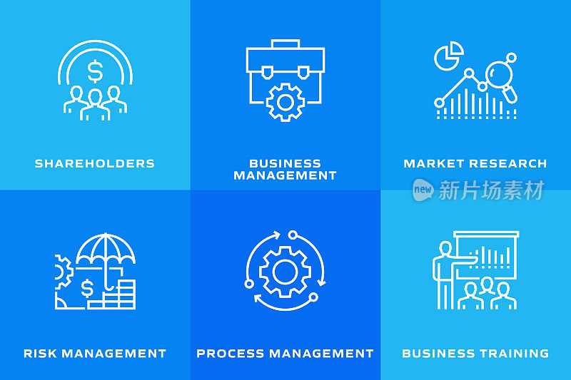 业务管理相关的矢量细线图标。轮廓符号集合