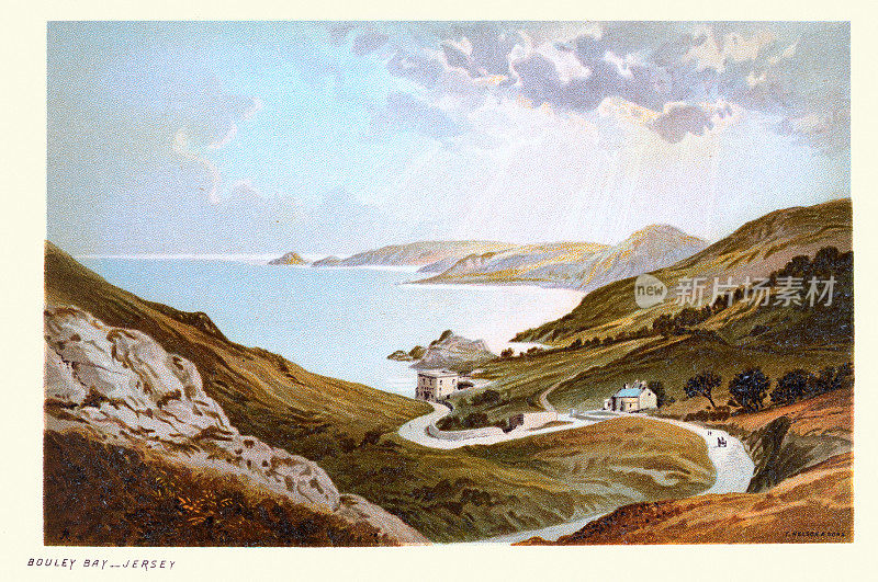 布利湾的复古插图，泽西岛，海岸线，维多利亚景观艺术19世纪