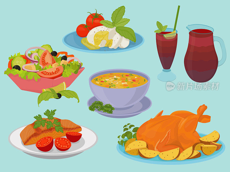 一套六彩色图像沙拉，马苏里拉奶酪，鸡尾酒，汤，番茄炒三文鱼和烤鸡