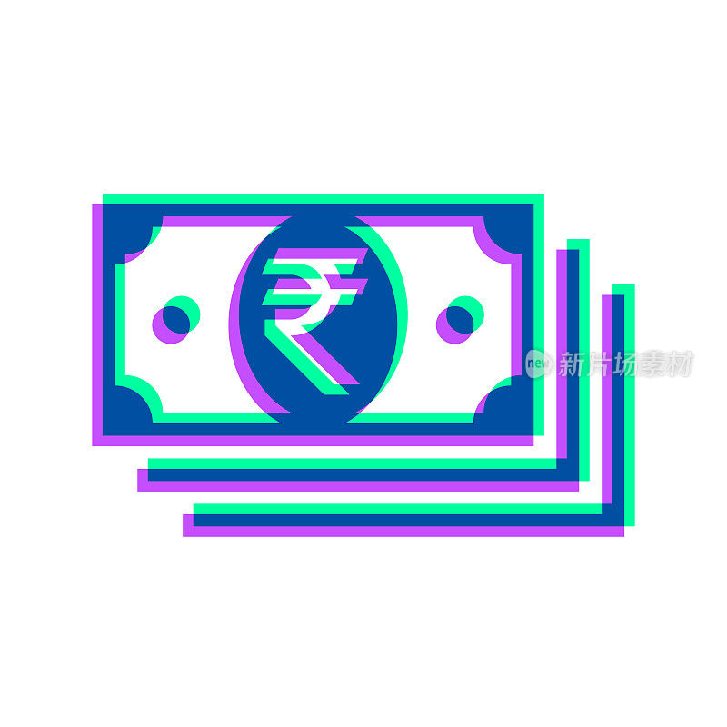 印度卢比纸币。图标与两种颜色叠加在白色背景上