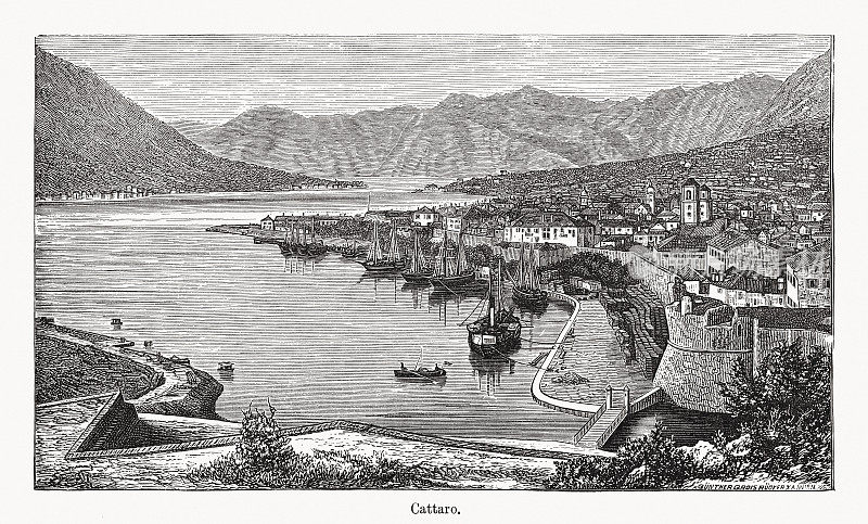 科托尔的历史观(卡塔罗)，黑山，木版雕刻，1894年出版