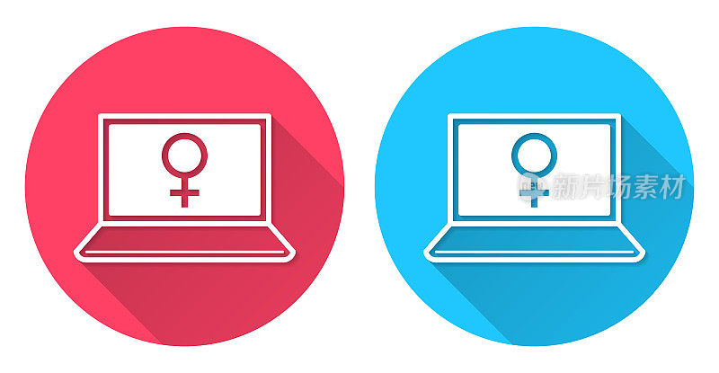 带有女性标志的笔记本电脑。圆形图标与长阴影在红色或蓝色的背景