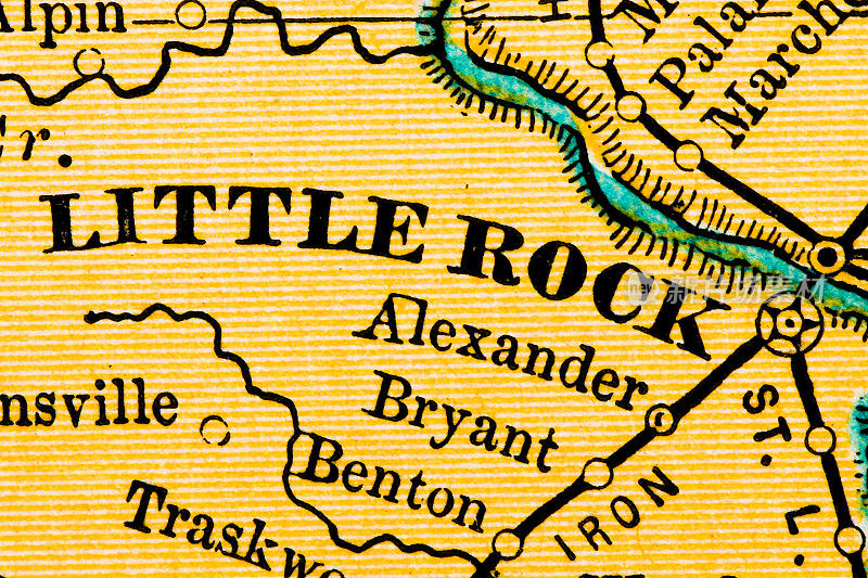 美国城市的名字，古董地图上的特写:阿肯色州的小石城