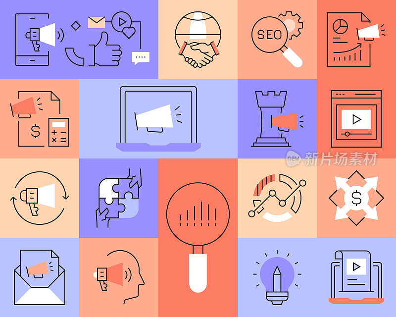 营销相关的矢量线图标。轮廓符号集合