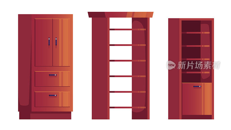 衣柜衣柜木橱柜书桌办公室家庭房间卡通家具孤立套。矢量图形设计插图