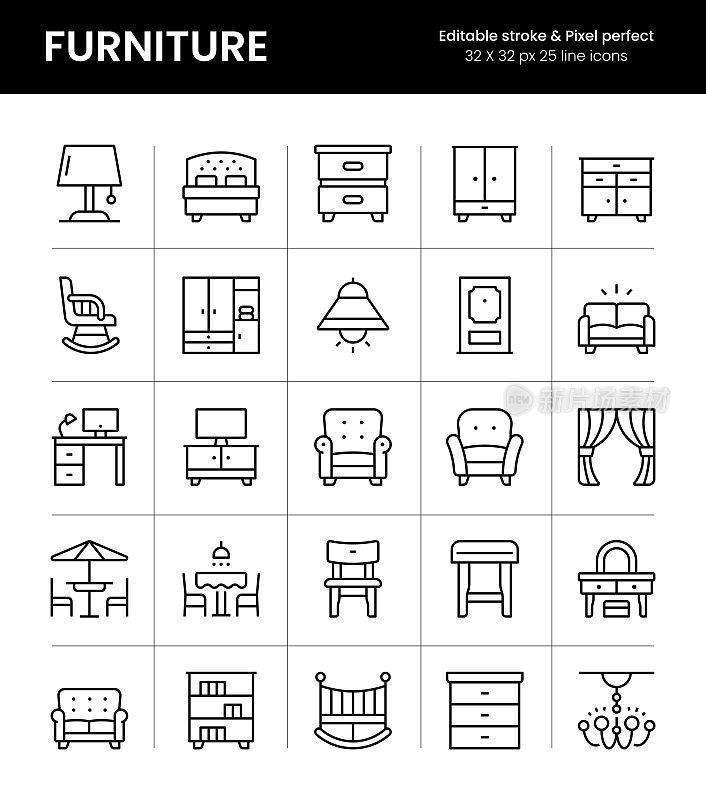家具可编辑描边线条图标