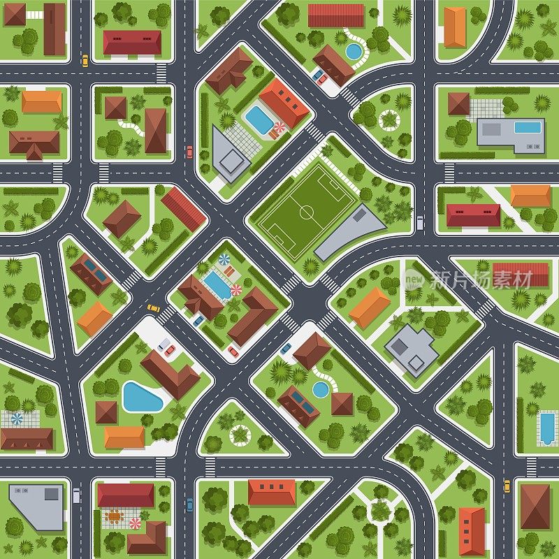 街道地图俯视图。城市交通基础设施，城市道路规划，绿色庭院中的房屋屋顶，灌木丛和树木，体育场和游泳池，无缝纹理，如今的矢量概念