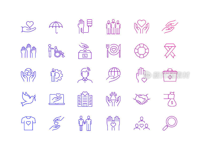 简单的一套慈善和捐赠相关矢量细线图标。大纲符号集合。