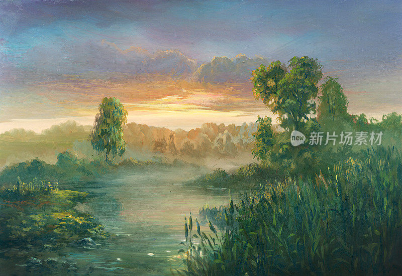 夏日河边夕阳，油画