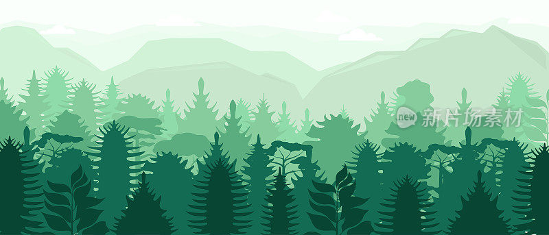 矢量海报与森林和山脉的观点。自然景观。平面设计。