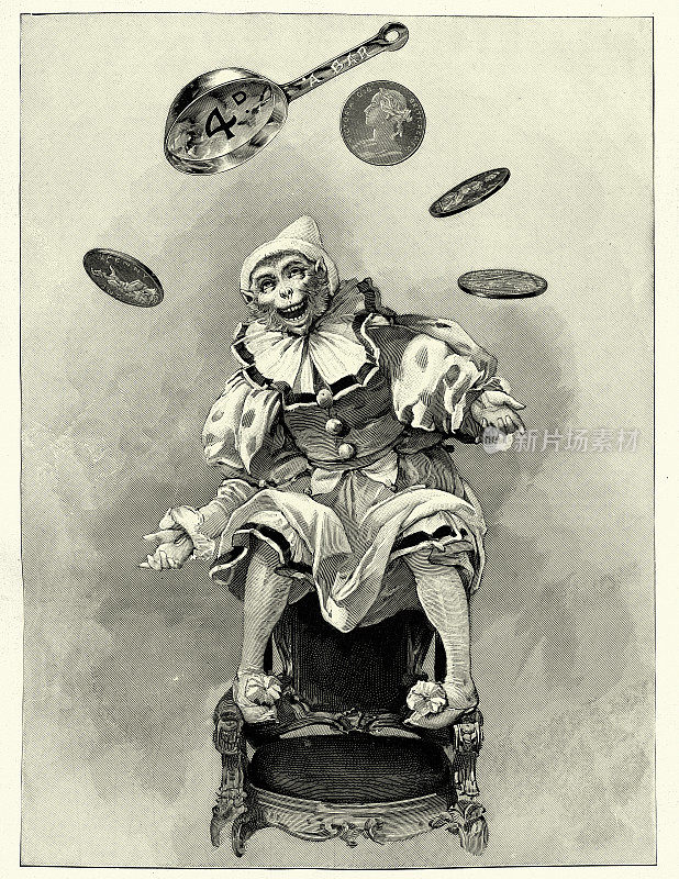 古董插图，猴子打扮成小丑玩弄煎锅和硬币，维多利亚19世纪