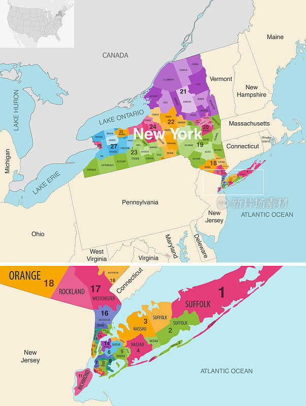 纽约州的县由国会选区着色，矢量地图与邻近的州和领土