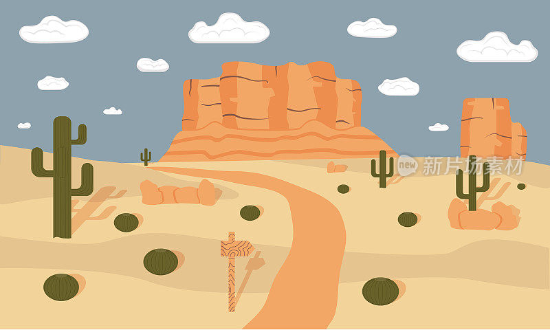 亚利桑那沙漠，全景。印刷用于广告海报，用于吸引游客。卡通。向量。