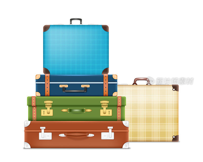 3d现实旅行行李箱，复古行李箱旧皮革。复古公文包旅游和度假