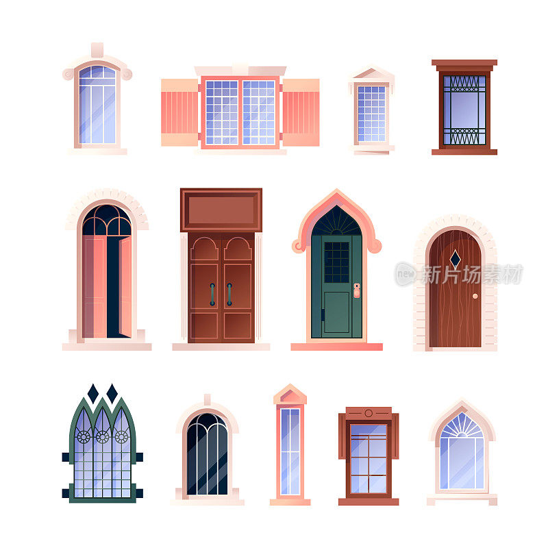 复古的门窗。仿古欧式精细立面建筑元素，复古阳台外观。矢量城堡和复古住宅入口和窗户设置