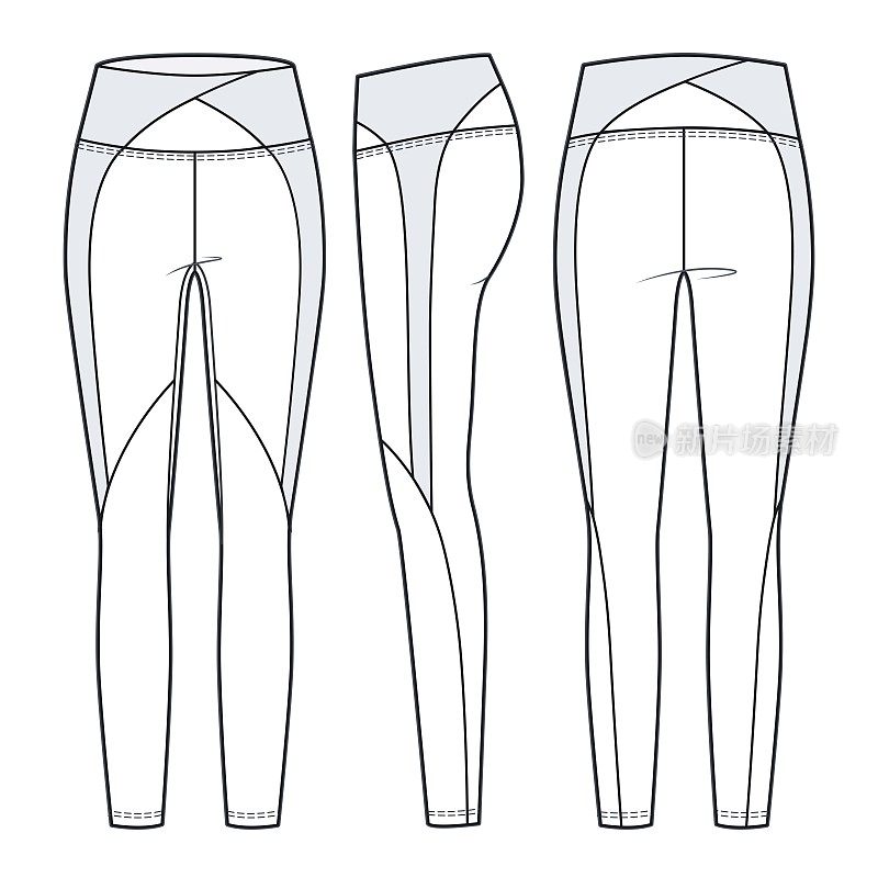 打底裤时装平面素描模板。运动服装时装设计集，正面，侧面，背面视图，CAD模型。