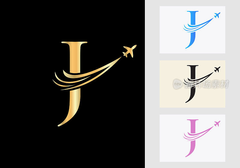 字母J旅行标志概念与飞行的飞机符号