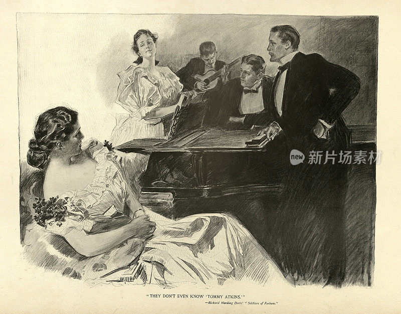 一群上流社会的年轻男女站在钢琴周围，演奏音乐，维多利亚晚期的上流社会