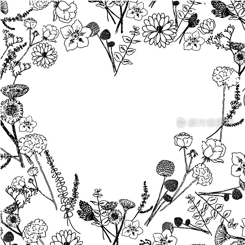 用花卉和植物绘制的可爱的心形插图