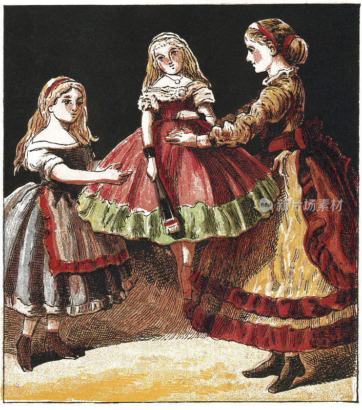一个维多利亚时代的女孩递给另一个洋娃娃的彩色印刷照片