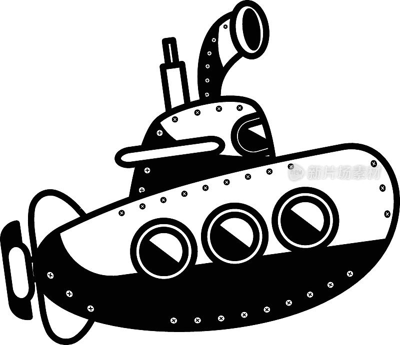卡通老潜艇与灯的概念，复古海军船矢量图标设计，水下生物符号，水族馆宠物标志，水下动物股票插图