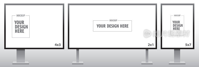 空白广告牌逼真的矢量模型集户外广告海报设计。水平和垂直标识板有3种通用标准尺寸。