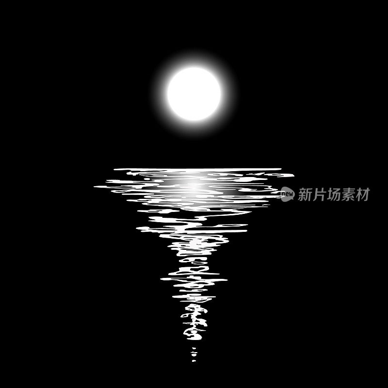 黑色背景下的满月和它在水面上的倒影。