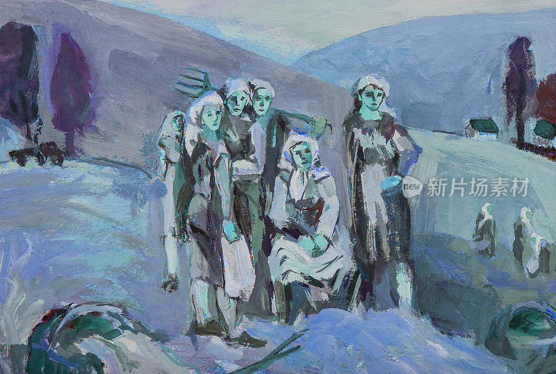 插图艺术作品油画肖像一群妇女收获人物的背景是成熟的麦田和蓝色色调的天空