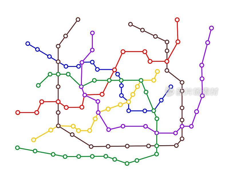 地铁地图模板。有许多彩色线路的地铁平面图。白色背景隔离的公共快速交通网方案信息图