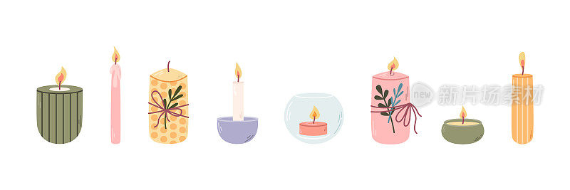 一套不同的装饰香薰蜡烛在烛台放松和水疗。矢量平面插图