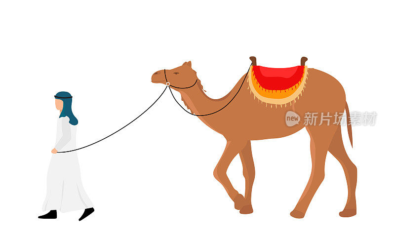 有骆驼的贝都因人。男人要骑骆驼。矢量插图。
