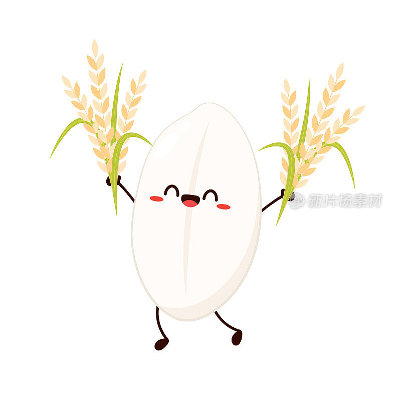 大米的性格。白色背景上的水稻矢量。水稻种子。米袋矢量。农民帽向量。