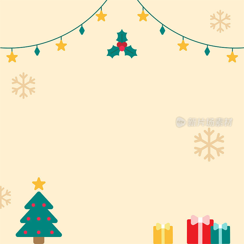 可爱的圣诞快乐新年快乐圣诞树冬青槲寄生脚趾礼物礼物圣诞雪花星星装饰灯方形明信片海报促销横幅红色背景复制空间模板