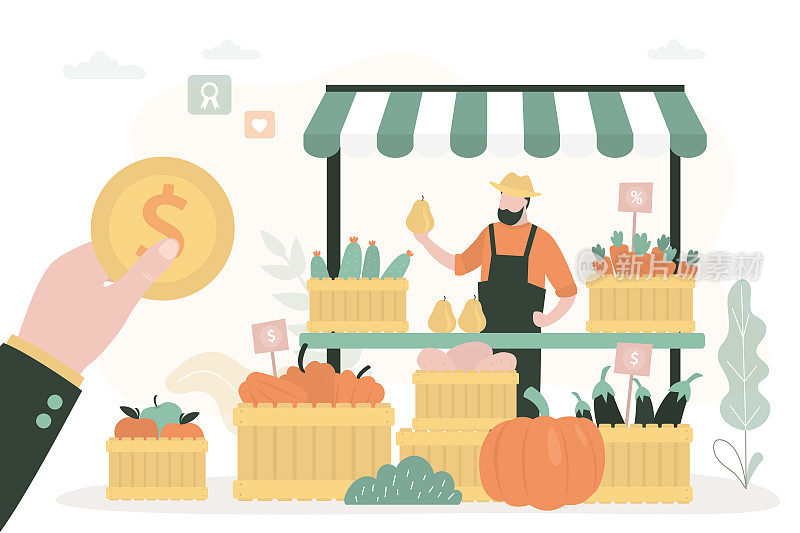 客户在当地商店购买有机食品。农场小吃摊上的小贩。农产品在店面。市场上的蔬菜和水果杂货生意。