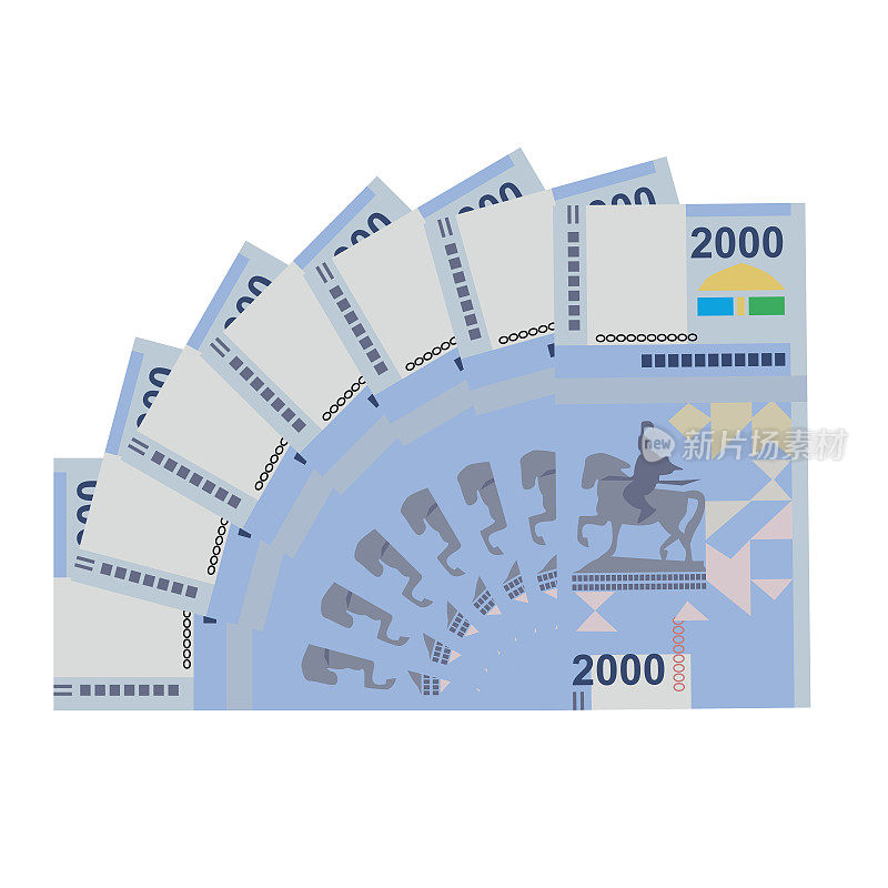 吉尔吉斯som矢量插图。吉尔吉斯斯坦货币套装捆钞。纸币2000索姆。平的风格。孤立的白色背景。简约的设计。