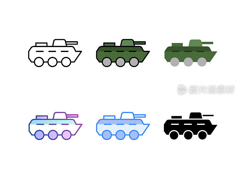 装甲车图标。6不同的风格。可编辑的中风。