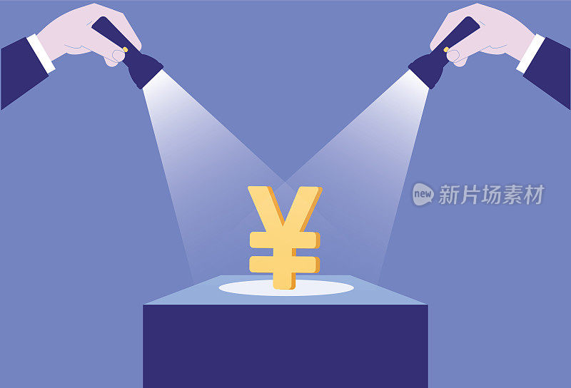 两个手电筒照亮了中国的人民币