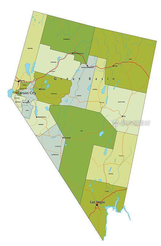 高度详细的可编辑的政治地图与分离的层。内华达州。