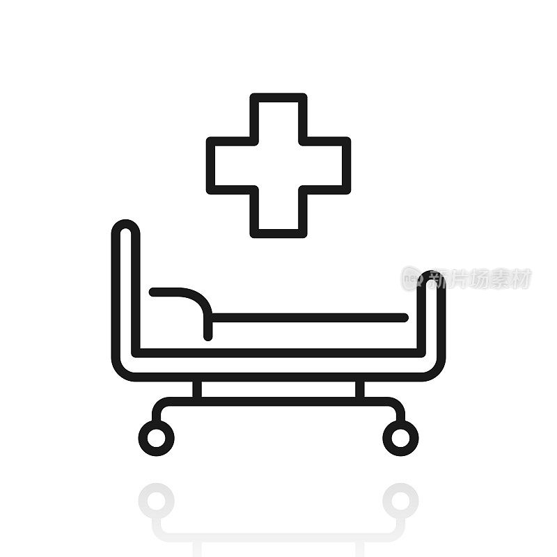 医院的病床上。白色背景上反射的图标