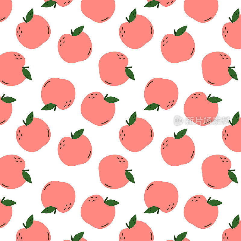 桃心图案背景。用叶子图标涂鸦桃子。白色背景上孤立的桃心形状的果实。农场，天然食品，新鲜水果。