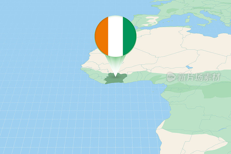 科特迪瓦国旗的地图插图。象牙海岸及周边国家的地图插图。