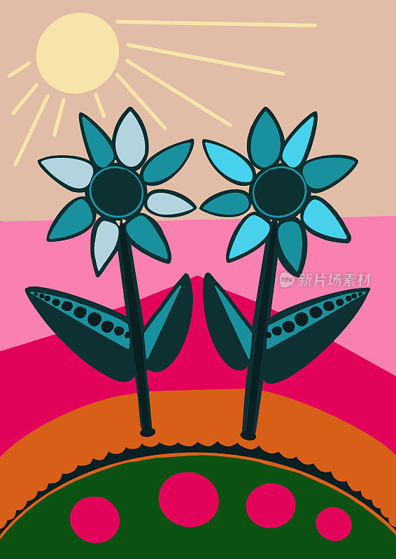 两朵花在花园与日出，插图上生动的色彩
